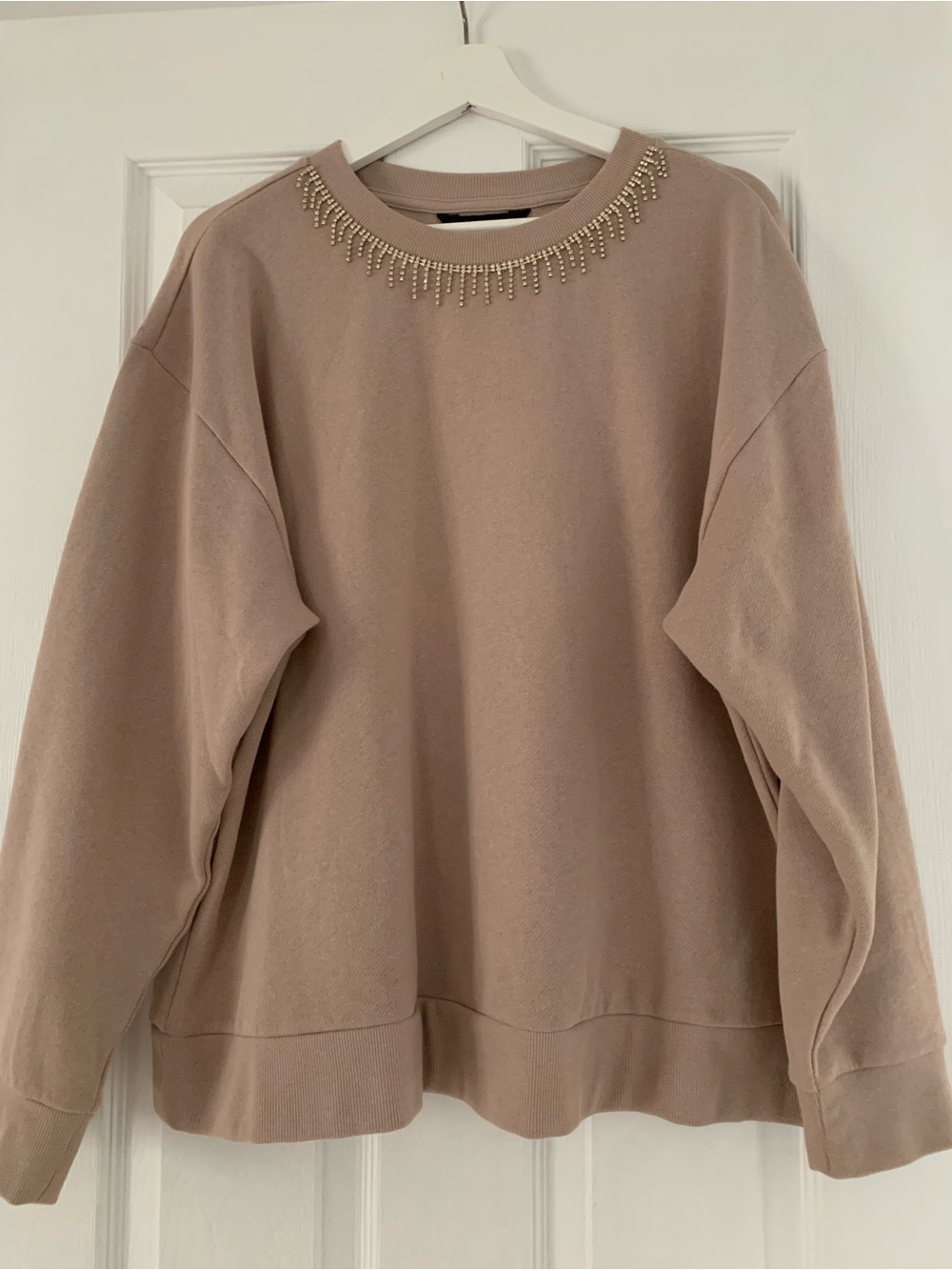 Simply Vera Wang Beige Rhinestone Fringe Crewneck Sweatshirt